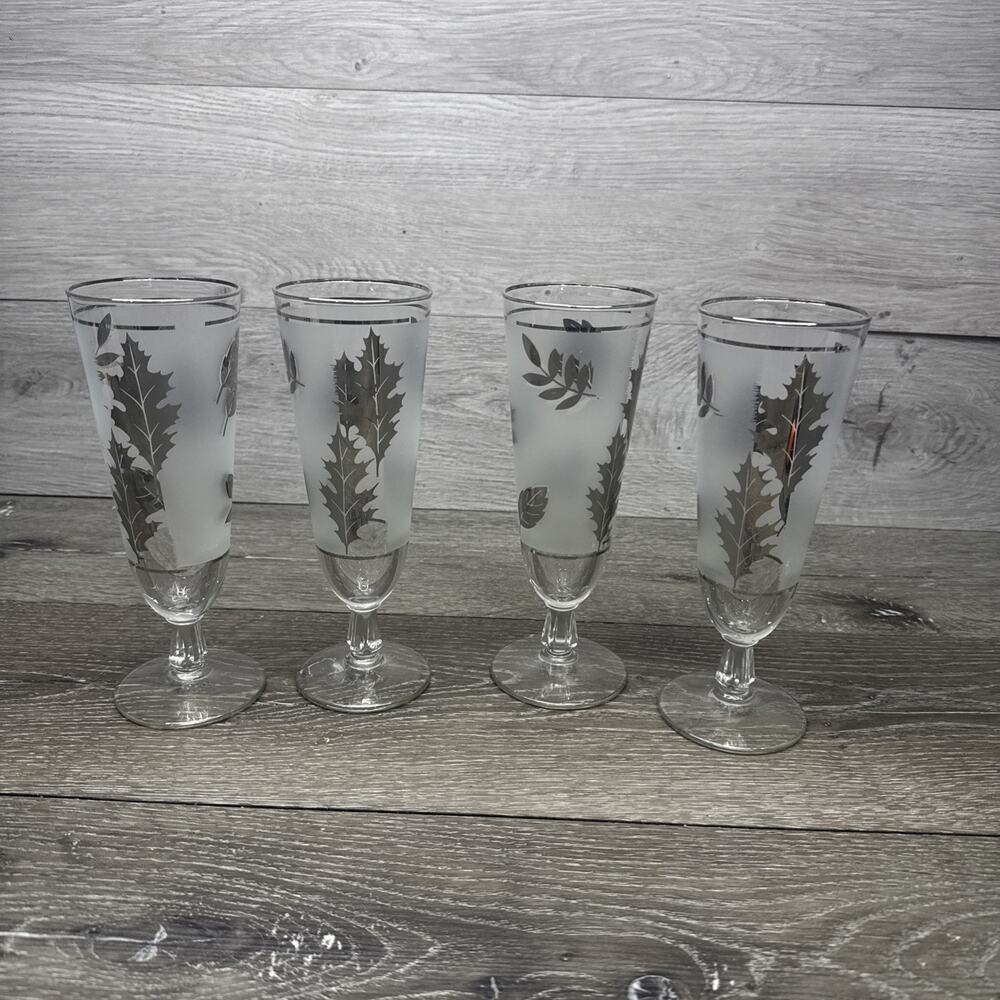 Vintage Libbey Frosted Silver Leaf pilsner goblet 8.25” ~Set of 4